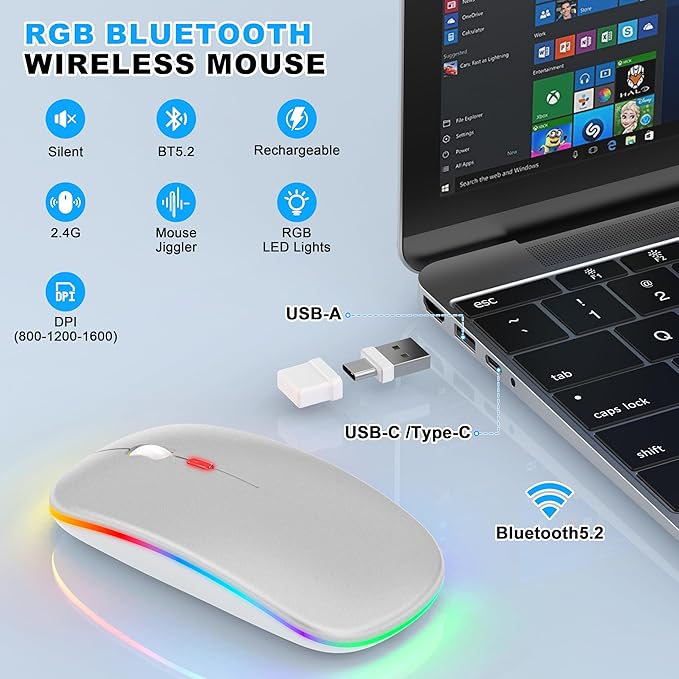 Bluetooth Wireless Mouse, Slim LED Rechargeable Silent Mouse with 2.4GHz USB-A/USB-C Receiver & Type-C Adapter, Compatible with Laptop, MacBook, iPad, iPad Pro,Mac,Tablet – Grey