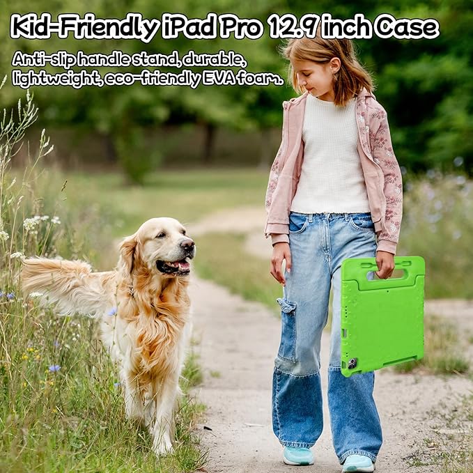 Kids Case for iPad Pro 12.9 Case 2022/2021/2020/2018 with Pencil Holder & Hadle Stand, Super Protection Rugged Cover for iPad Pro 12.9 inch 3rd/4th/5th/6th Generation, Lime Green