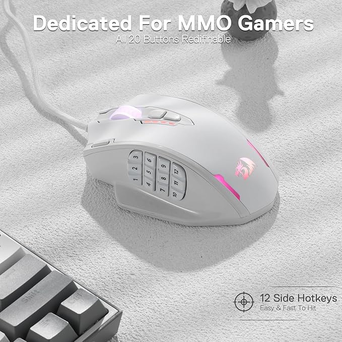 Redragon M908 Impact RGB LED MMO Gaming Mouse with 12 Side Buttons, Optical Wired Ergonomic Mouse with Max 12,400DPI, High Precision, 18 Programmable Macro Shortcuts, Comfort Grip, White