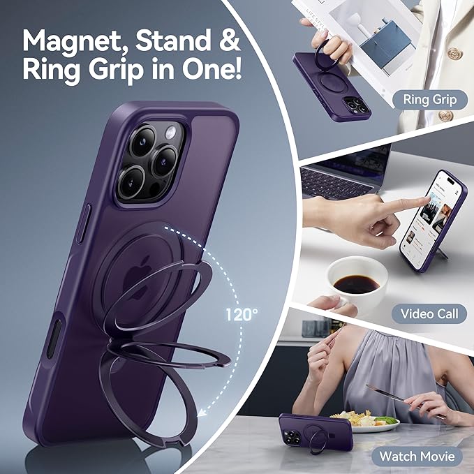 CASEKOO Ultra-Magnetic Stand for iPhone 16 Pro Case [Military Drop Protection] [Compatible with MagSafe] Shockproof Translucent Matte Slim Ring Holder Case for iPhone 16 Pro 6.3", Purple