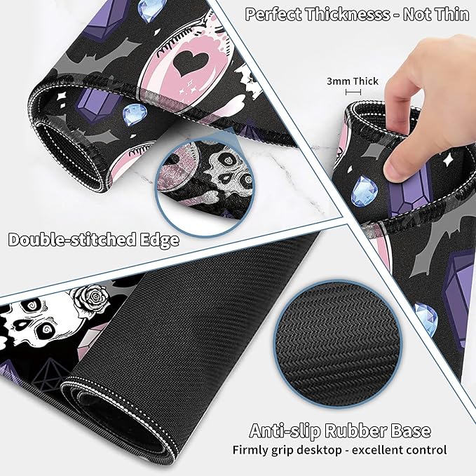 Large Gaming Mouse Pad Set 35.4 x 15.7 with Keyboard Wrist Rest, Wrist Support, and Coaster Memory Foam Smooth Desk Pad Mousepad for Home Office School - Skull Goth Magic Cute Witchy