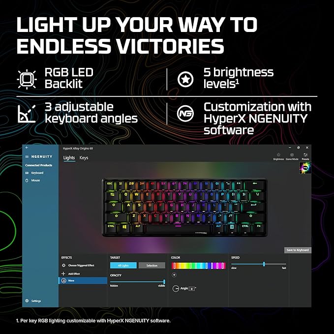 HyperX Alloy Origins 60 - Mechanical Gaming Keyboard - Ultra Compact 60% Form Factor - Tactile Aqua Switch - Double Shot PBT Keycaps - RGB LED Backlit - NGENUITY Software Compatible,Black