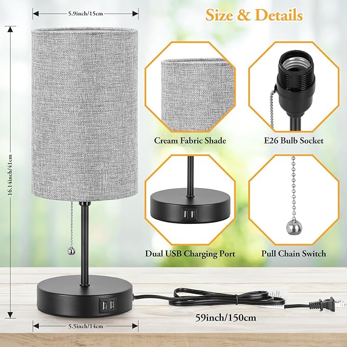 Lakumu Modern Table Lamps Set of 2, Grey Fabric Shade and Black Metal Base for Living Room Bedroom Office Reading Dorm Hotel