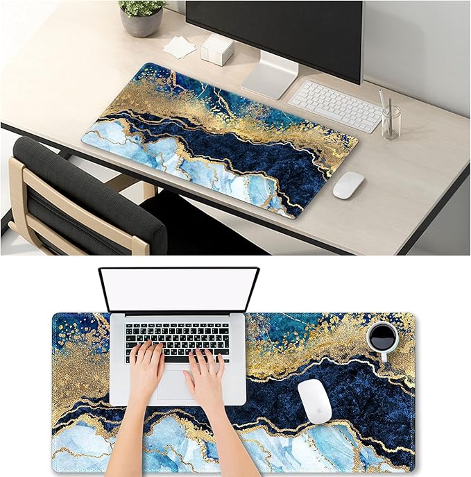 Extended Gaming Mouse Pad XXL ArtSo Large Keyboard Mat Long Mousepad Desk Decor Writing Pad Non Slip Rubber Base Stitched Edges for Work, Game, Office, Home, 35.1" x 15.7", Blue Marble