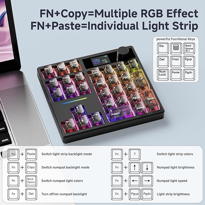 BOYI TD31Pro Gaming Keyboard,Mini Mechanical Numpad,BT5.0/2.4G/Type-C Wireless Numeric Keypad,RGB HotSwap Numpad with Screen&Knob,Gasket Macro Pad Number keypad for Win/Mac(Black Transparent)