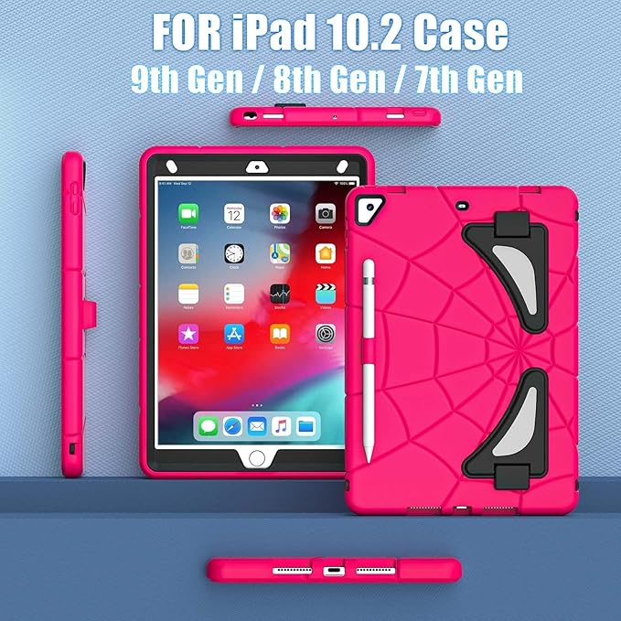 AKABEILA Compatible with Apple iPad 10.2 7th 8th 9th(2019/2020/2021) Tablet Case，Lightweight Shockproof Rugged Protective Cover with Kickstand for Kids Children Boys Babies Strawberry Black
