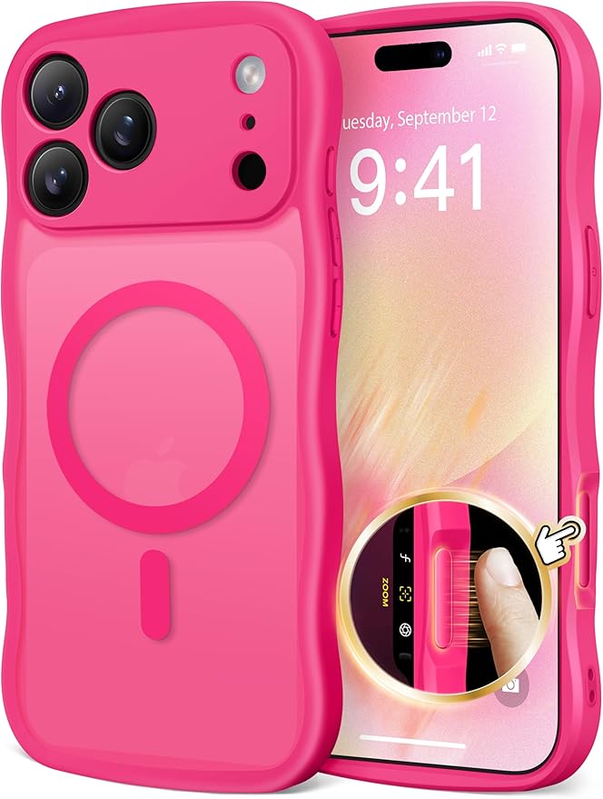 CAPRARO Magnetic for iPhone 17 Pro Case for Women Girls, Upgraded [Full Camera Protection] [Compatible with MagSafe] Cute Wave Translucent Matte Phone Case for iPhone 17 Pro, Hot Pink