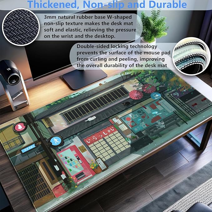 Kawaii Anime Cat Gaming Desk Mat Pad XL Large Mouse Pad (31.5"x15.7") Mouse & Keyboard Desk Pad with Stitched Edge, Vibrant Green Design for Home Office & Computer Gaming Setup