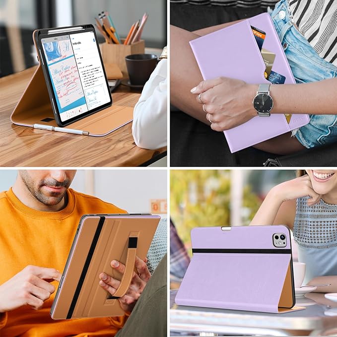 DTTO for iPad Pro 13 inch Case (M5/M4) 2025/2024, Premium Leather Business Folio Stand Cover with Pencil Holder - Auto Wake/Sleep & Multiple Viewing Angles, Built in Hand Strap & Pocket, Lavender