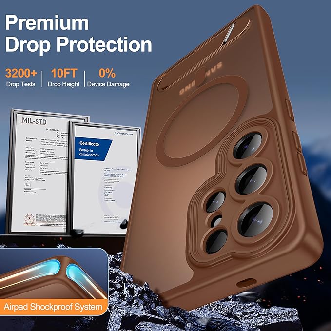 Magnetic for Samsung Galaxy S25 Ultra Case, [Compatible with MagSafe][Full Camera Protection][Built-in Invisible Kickstand] Translucent Matte Phone Case for S25 Ultra 6.9" - Brown
