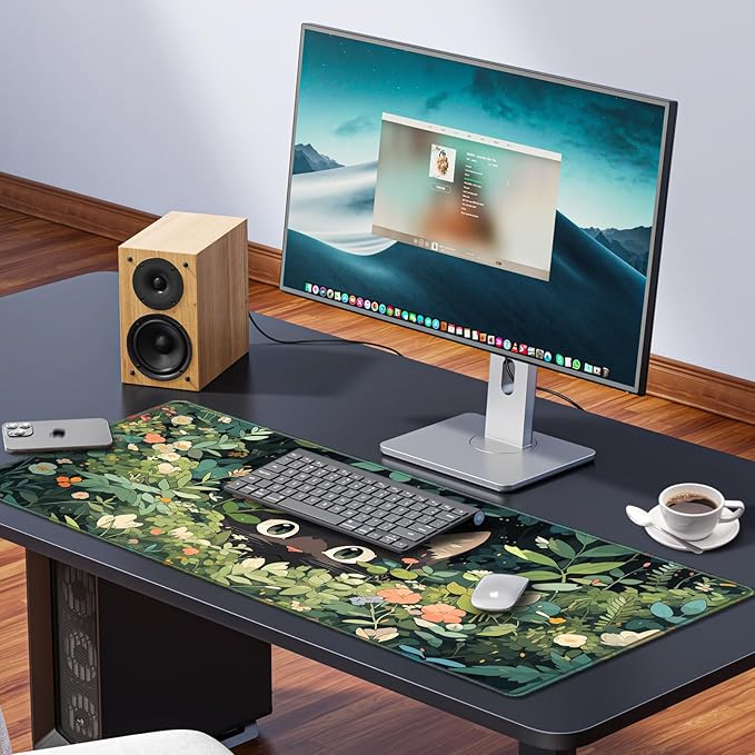 Anime Cat Mouse Pad, Green Desk Mat, Kawaii XXL Large Gaming Mouse Pad Keyboard with Stitched Edges Non-Slip, 35.4×15.7in Mousepad Mat for Desktop Computer Laptop Office Women Decor Funny