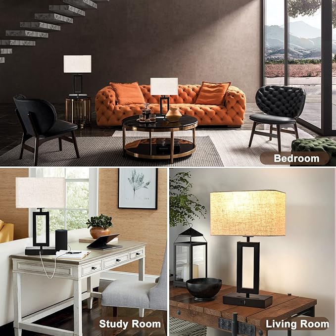 Lamps Set of 2 Touch Control Table Lamps with Dual USB, 3-Way Dimmable for Bedroom, Living Room, Office - LED Bulbs Included - Black & Cream