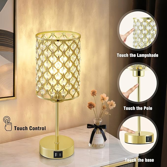 GyroVu Crystal Table Lamps Set of 2, Gold Touch Lamp for Nightstand with USB C+A Ports, Dimmable Small Bedside Lamp with Crystal Shade, End Table Desk Lamps for Bedroom, Living Room(Buld Included)
