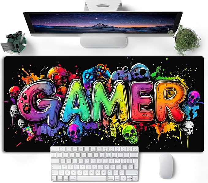 Gamer Blacklight Mouse Pad – UV Reactive Neon Gaming Desk Mat with Skull Design, Waterproof Extended Large Mousepad with Non-Slip Rubber Base for Computer Keyboard – 31.5" x 11.8"