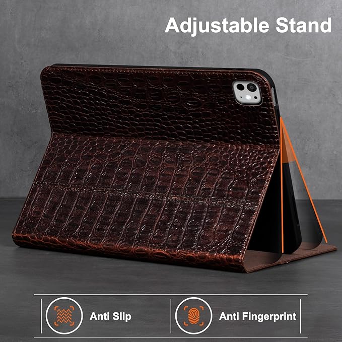 Gexmil Genuine Leather Case for iPad Pro 13 Inch (M5/M4) 2025/2024 with Pencil Holder,Protective Shockproof Smart Leather Folio Cover Adjustable Stand Auto Sleep/Wake Anti-Slip,Brown Crocodile