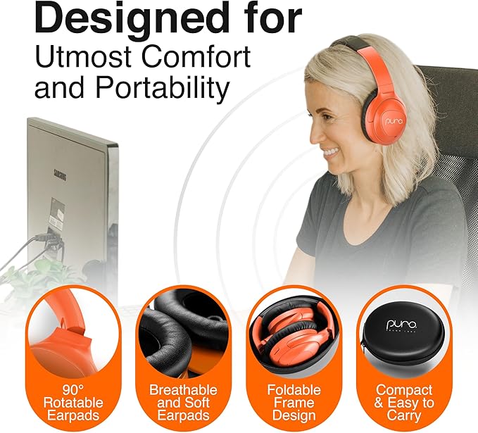 Puro Sound Labs PuroPro Universal Hybrid Active Noise Cancelling Headphones, Volume Limiting, Hi-Res Audio, 32h Playtime, Pc Wireless Headset with Mic, Over Ear Headphone for Travel & Work – Orange