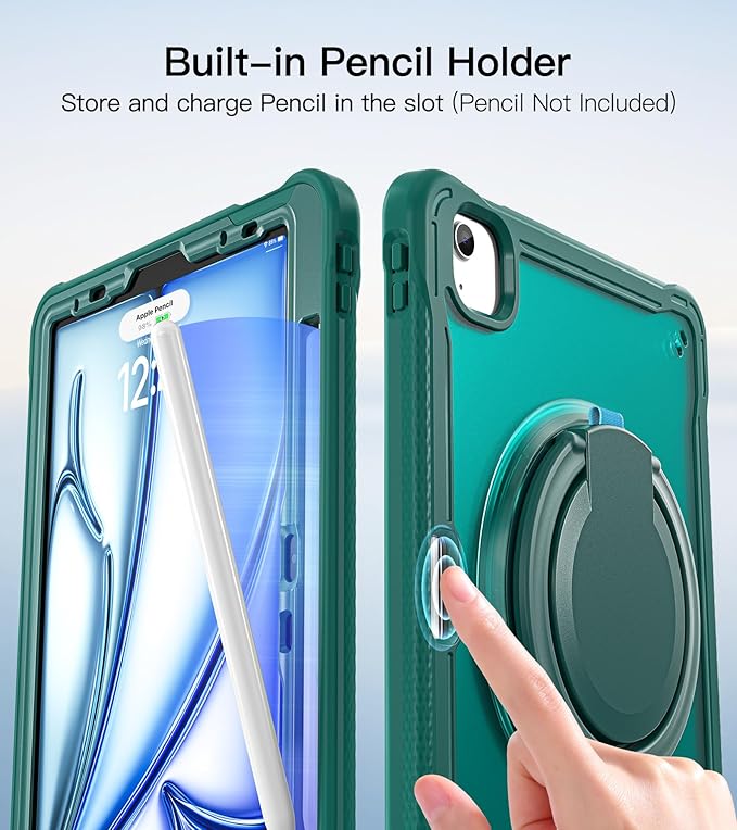 BATYUE Case for iPad Air 11-inch M4(2026)/M3(2025)/M2(2024), iPad Air 4/5 10.9" & Pro 11" 2018-2022 - Shockproof Case with 360° Rotating Stand & Handle, Pencil Holder, Shoulder Strap,MidnightGreen