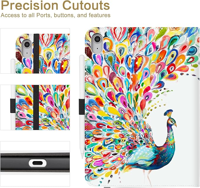 Vimorco Case for iPad (A16) 11th Generation 2025, for iPad 11th/10th Generation Case, Pencil Holder & Hand Strap & Pocket, Multiple Stand Protector PU Leather Shell Cover, Auto Wake/Sleep, Peacock