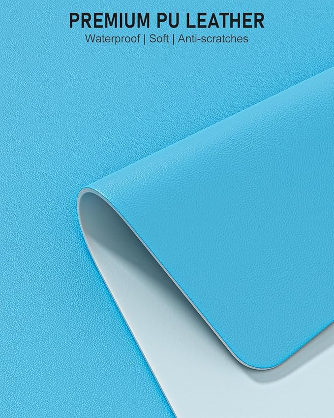 Desk Pad, 23.6" x 13.8" PU Leather Non-Slip Desk Mat Large Mouse Pad for Desktop, Waterproof Laptop Computer Writing Mat for Office, Home, Work, Gaming, Aqua Blue