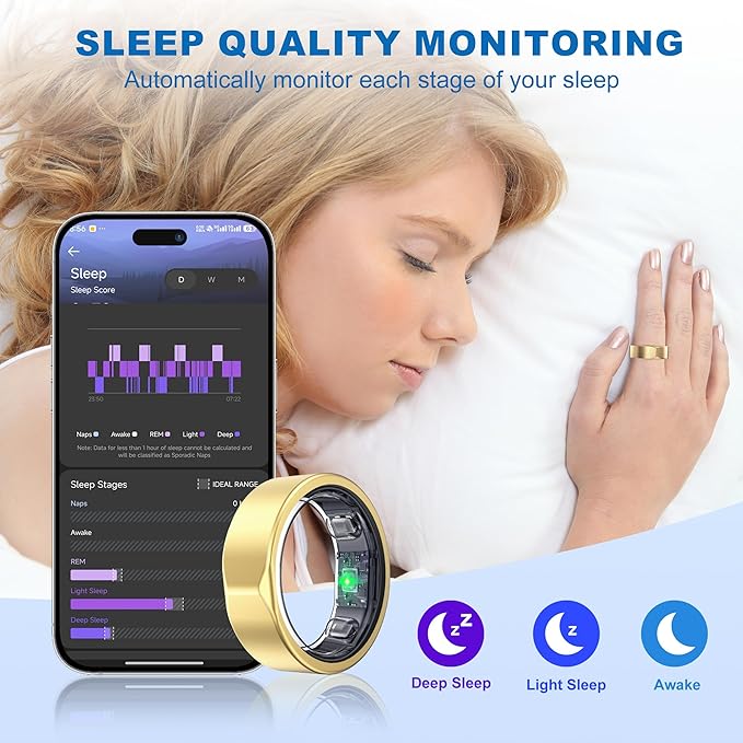 Smart Ring for Women Men, Titanium Fitness Ring with Heart Rate, Stress & Sleep Monitoring,Step & Calorie Counter, 5ATM Waterproof for iPhone and Android,No Subscription Fee (Gold 8)
