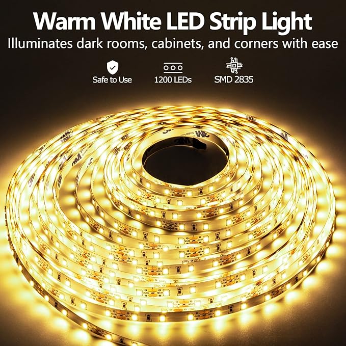 LED Strip Lights 65.6ft Dimmable 3000K Warm White Strip Lighting, 12V 20M 1200 LEDs 2835 Flexible Ribbon led Light for Bedroom, Kitchen, Home Decoration.