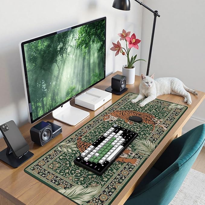 Desk Pad Mat, Stitched Edges Cute Desk Mat, Non-Slip Tiger Desk Mat Gaming, Smooth Green Mouse Pad, Soft Desk Cushion for Office Home 35.4 x 15.7 Inches (Green)