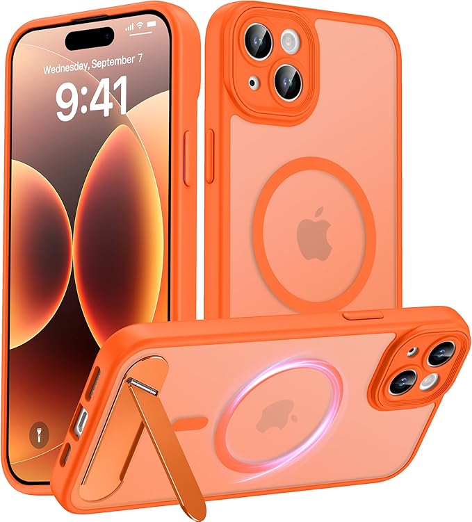 Magnetic Compatible with iPhone 15 Plus Case, [Built-in Kickstand][Full Camera Protection][Compatible with MagSafe][Anti-Fingerprint] Shockproof Phone Case for iPhone 15 Plus 6.7",Orange