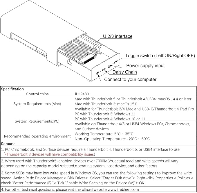 USB4 V2 80Gbps Compatible with Thunderbolt 5 to U.2/3 NVMe SSD Enclosure, Up to 7000Mb/s TB5 to U.2/3 (SFF-8639) PCIe Adapter, Aluminum External 2.5” U.2&U.3 SSD Case Compatible with Thunderbolt 4