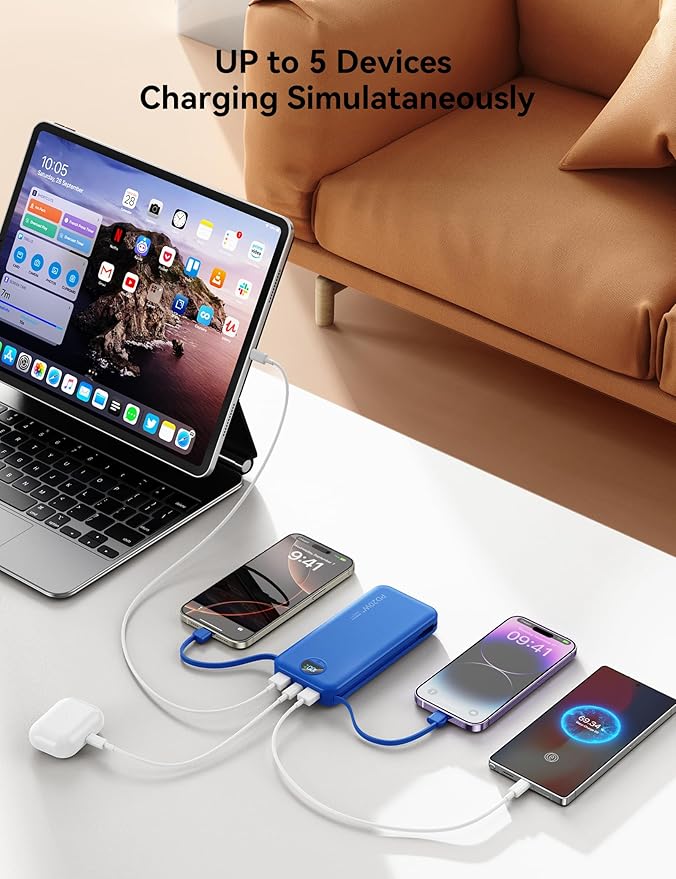 10000mAh Ultra-Portable-Charger-Power-Bank with Built in Cables&AC Wall Plug, PD20W USB-C Fast Charging Cell Phone Charger Battery Pack,LED Display Travel Battery Bank for All iPhone,Samsung,Android