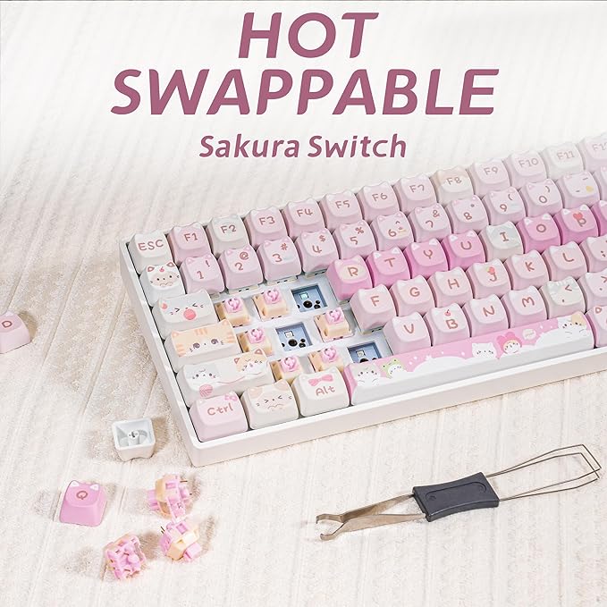 ZORNHER ZH100 Wireless Cat Mechanical Keyboard,98% Pink Cute Creamy Keyboard with Number Pad,Full Size Girly Kitty Gaming Keyboard,Meow Meow Squad Keycaps,Creamy Souding Linear Switches