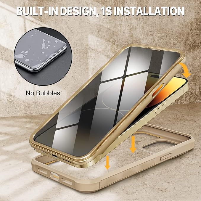 CENHUFO Privacy for iPhone 14 Pro Case, Full Body Phone Case with Built-in 9H Tempered Glass Privacy Screen Protector and Camera Lens Protector, Anti Peep Spy Shockproof Bumper Clear Cover - Beige