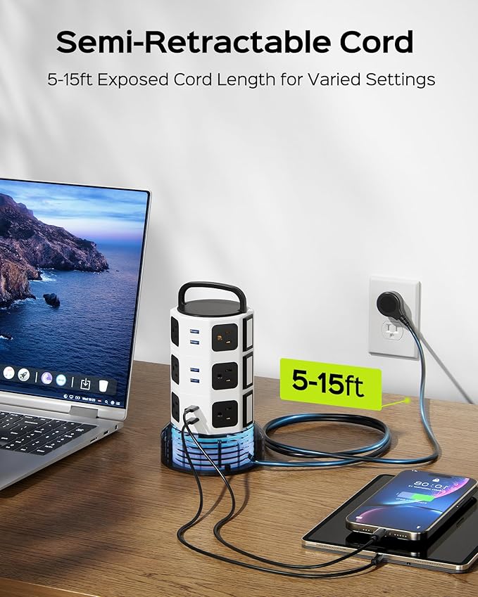 Power Strip Tower Surge Protector, JACKYLED 1625W 13A Outlet Surge Electric Tower, 12 Outlets 6 USB Ports Charging Station with 16AWG 15ft Heavy Duty Extension Cord for Home Office Dorm