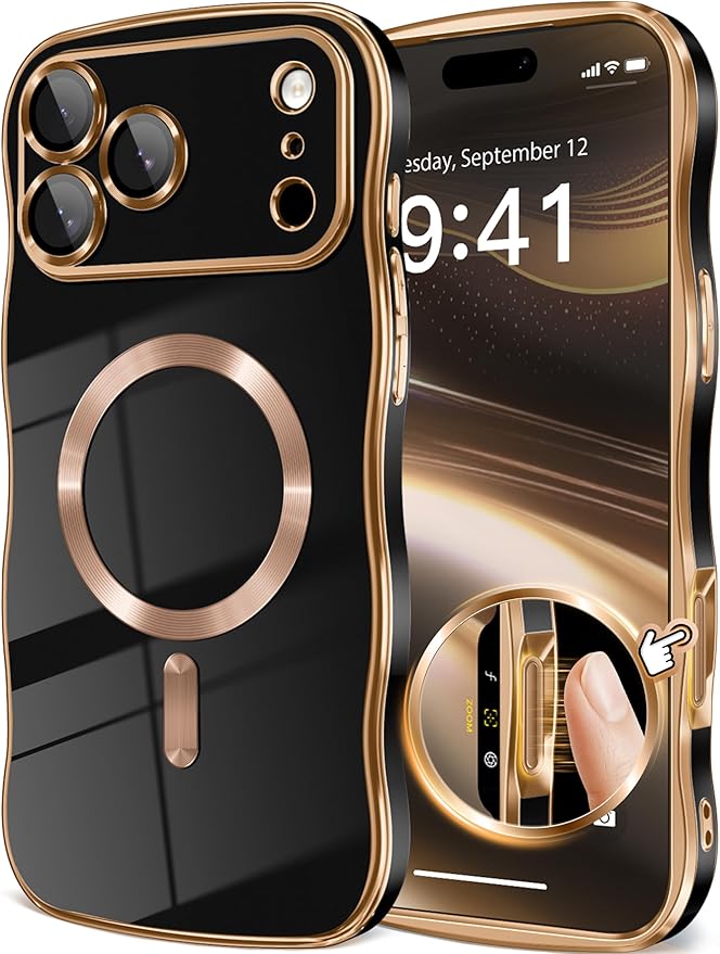 GVIEWIN for iPhone 17 Pro Case Compatible with MagSafe, Upgraded [Full Camera Protection][Cute Wave Frame][Military Grade Protection] Electroplated Hard Phone Cover for Women Girl, Black