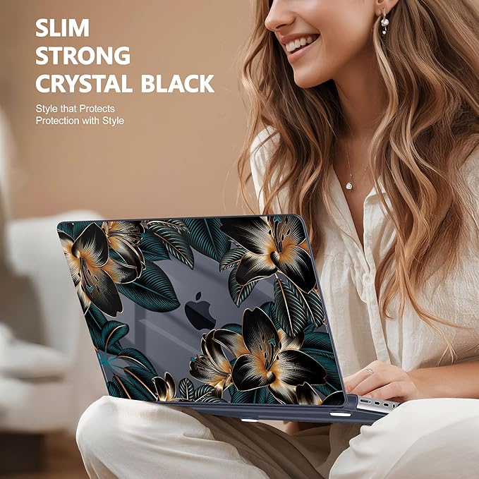 May Chen for 2026 MacBook Pro 14-inch M5 M4 M3 M2 M1 Pro/Max Chip, Release 2026 2025-2021, Model A3427 A3426 A3434 A3112 A3401 A3185, Plastic Hard Shell with Keyboard Cover, Golden Lilies Flowers