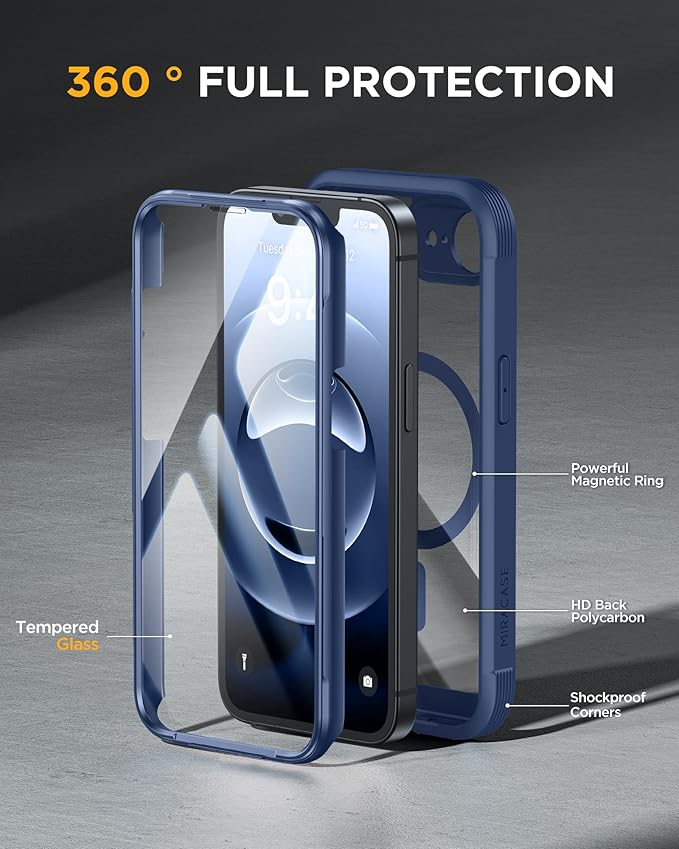Miracase for iPhone 17e Case & iPhone 16e Case, Full-Body Phone with Built-in Glass Screen Protector, [Magnetic with MagSafe] Military Drop Proof 17 E/ 16 E Cover Bumper 6.1 inch, Blue