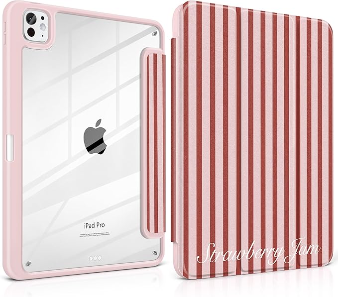 Case for iPad Pro 11 inch (M5) 2025 (M4) 2024 Release with Pencil Holder -Premium Shimmering Silk Texture Trifold Cover with Clear Back, Luxury Coquette Aesthetic Protective Skin, Red Striped