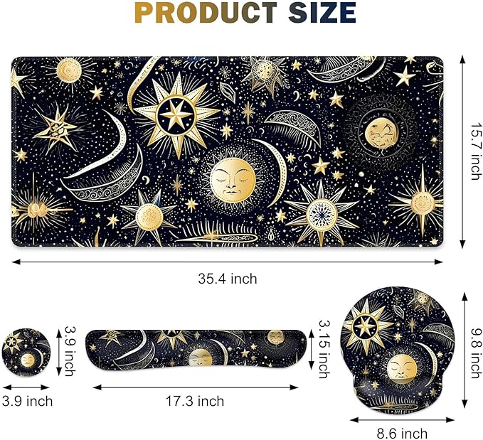 Gaming Mouse Pad, Large Desk Mat, Cute Desk Pad Protector, 4in1 XXL Mousepad + Keyboard Wrist Rest+Mouse Wrist Rest+Coaster Set with Ergonomic Desk Pad for Home Office PC Computer, Stars and Moon