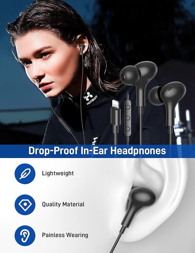 iMangoo for Apple MFi-Certified Headphones for Lightning Wired Earbuds Magnetic Ear Buds with HiFi Bass,3 Ear Tips Mic Corded Earphones for Gym, Commuting for iPhone 14 Plus 13 12 11 Pro Max Black