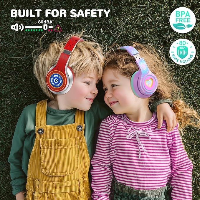 iClever Auraa Active Noise Cancelling Headphones for Kids, LED Light Up, Bluetooth 6.0, Safe Volume 80dBA, 47H Play Time,Fast Charging,Kids Headphones Wireless with Mic AUX Cord for Travel iPad,Purple