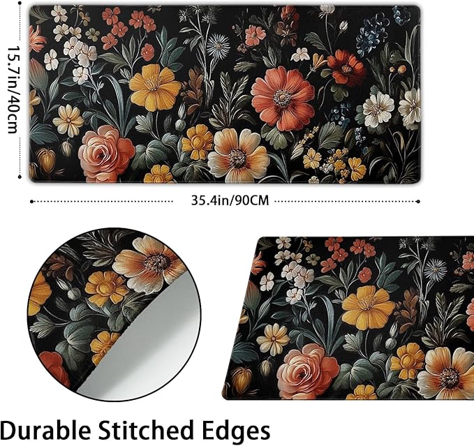 Floral Mouse Mat Vintage Aesthetic Flower Plant Black Extended Mouse Pad Large Gaming Mousepad Wildflower Mousepad Laptop Computer Keyboard Mat Cute Desk Mat for Desktop Office Supplies 35.4"x15.7"