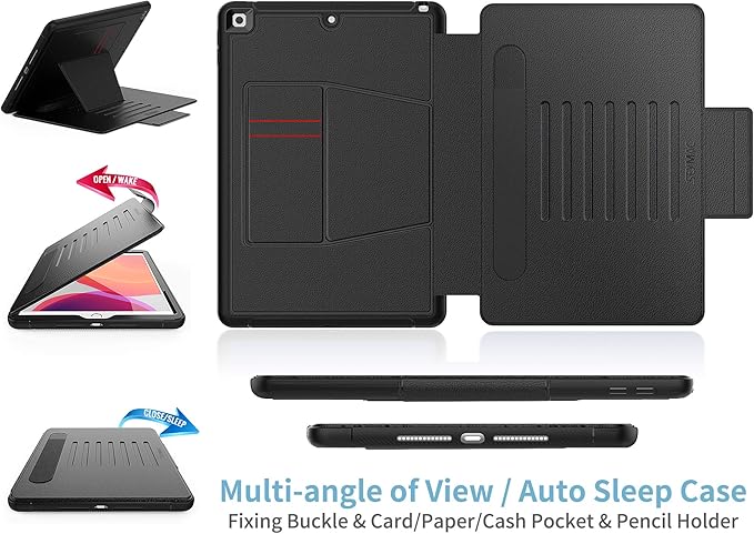 SEYMAC stock Case for iPad 9th/8th/7th Generation 10.2'', Strong Magnetic Auto Sleep Shockproof Case with Absorbing Multi-Angles Stand, Pen Holder, Card Slot (Black)