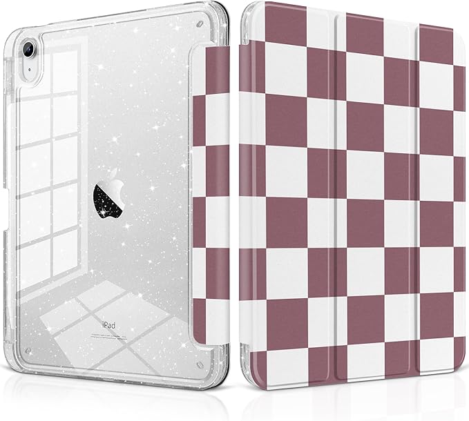 DONGKE for iPad Pro 11 inch Case – Fits M5 2025 / M4 2024, Shockproof Sparkling Glitter Acrylic Back, Pencil Holder, Trifold Stand, Auto Sleep/Wake & Touch ID Support - Brown Checkerboard