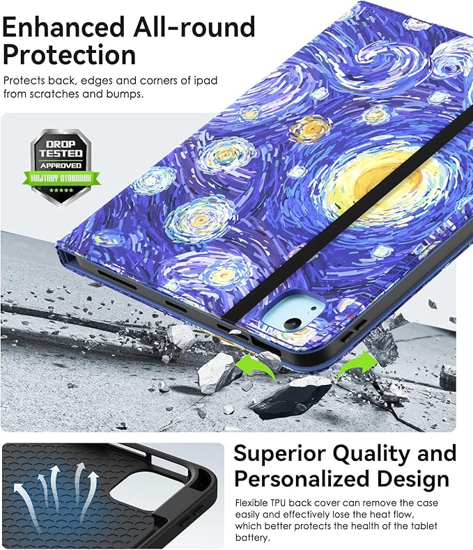 ZoneFoker Case for iPad Air 11-inch M3/ M2 (2025/2024), iPad Air 5th/ 4th Generation 10.9'' (2022/2020), iPad Pro 11 (4th/3rd/2nd/1st Gen), Multi-Angle Stand Cover with Pencil Holder, Starry Night
