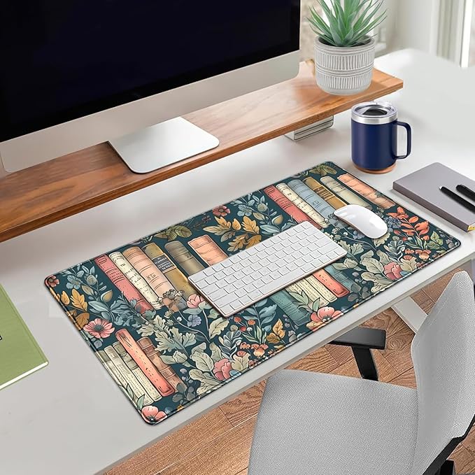 Floral Books Desk Mat Cute Desk Pad XXL Mouse Pad Colorful Mouse Keyboard Pad Flower Bookshelf Desktop Mat for Computer Laptop Aesthetic Reader's Home Decor 31.5x15.7 in