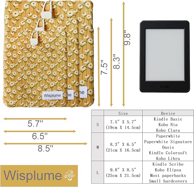 Padded eReader Sleeve Tablet Bag Pouch for Paperwhite, Colorsoft,Signature Edition, Voyage,Scribe/Kobo eReader,Floral Book Protector for Paperbacks and Small Hardcovers(Yellow, Medium)