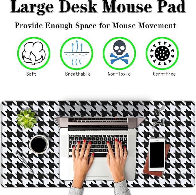 Gaming Mousepad Black and White Desk Mat for Desk Big Mouse Pads Keyboard Pad Home Office Decor Waterproof Non-Slip Rubber Base 35.4" X 15.7" for Game Office, Houndstooth Pattern