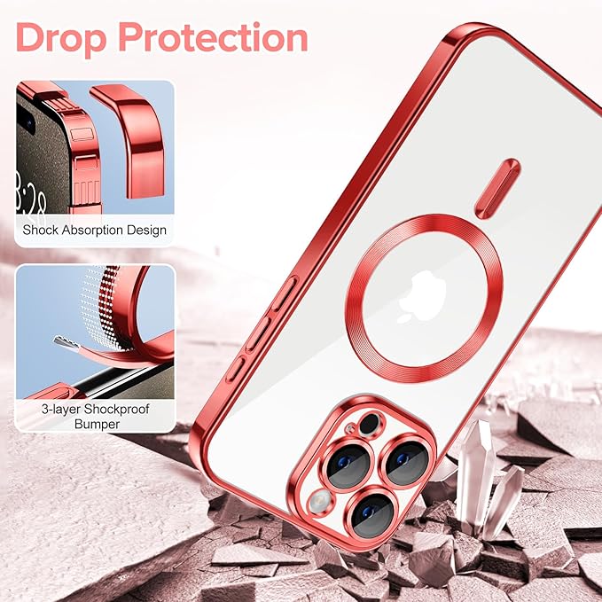 Hython Magnetic Clear for iPhone 15 Pro Max Case with Camera Lens Protector [Compatible with MagSafe] Plating Edge Slim Soft TPU Cover Protective Phone Case for iPhone 15 Pro Max 6.7", Red