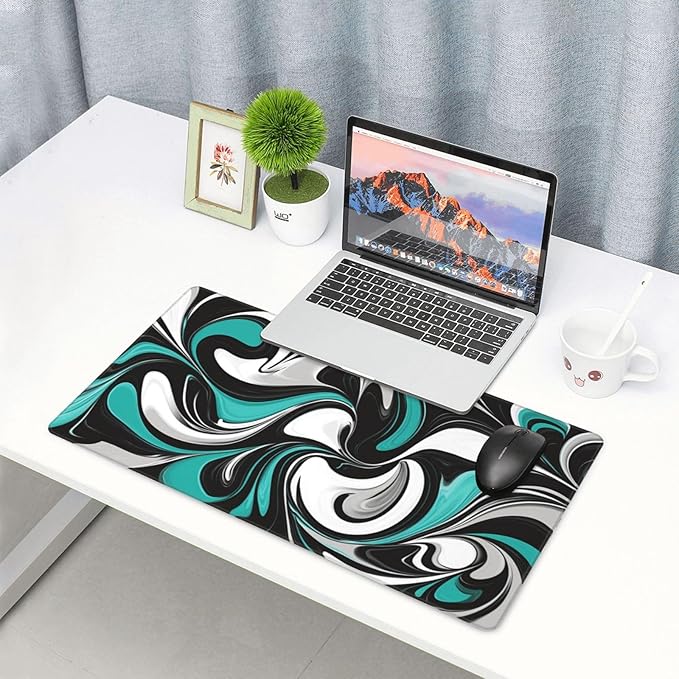 AQQA 31.5 x 15.7 Anti-Slip Rubber Mouse Pad - Abstract Fluid Art Design with Teal & Gray Colors, Ergonomic Gaming Mouse Mat for Gamer, Office & Home