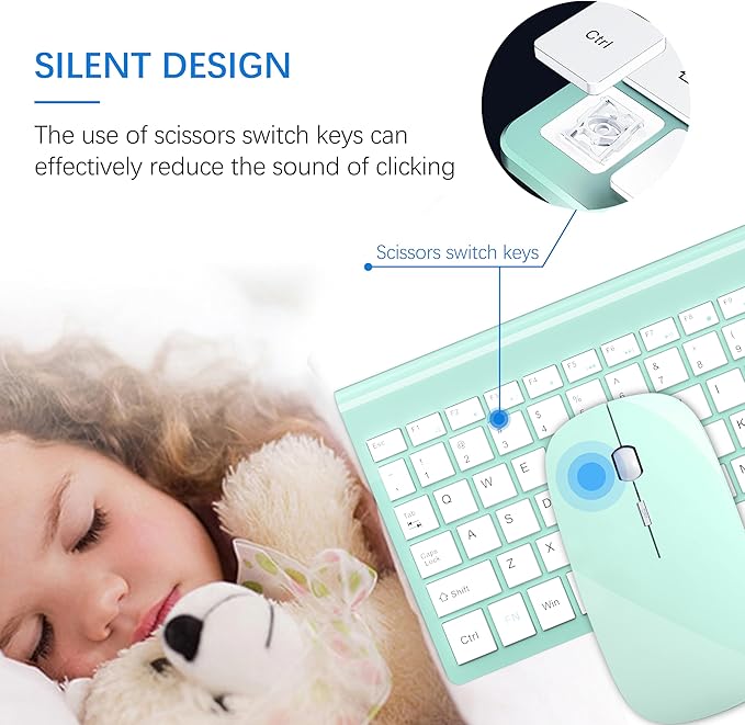 TopMate Wireless Keyboard and Mouse Ultra Slim Combo, 2.4G Silent Compact USB 2400DPI Mouse and Scissor Switch Keyboard Set with Cover, Batteries Included, for PC/Laptop/Windows/Mac - Mint Green