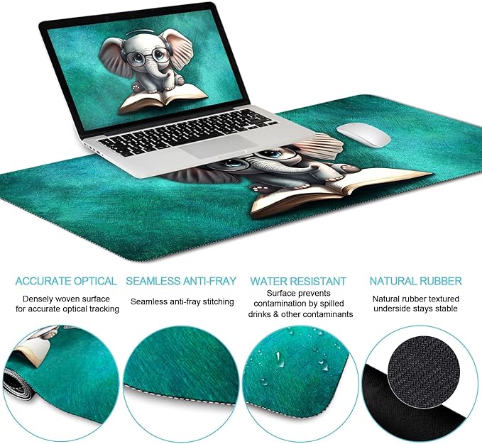 LIMKRIAN Desk Mat Pad, Large Gaming Mouse Pad with Wrist Rest Wrist Support, Ergonomic Mouse Pad Keyboard Mat Wrist Rest, Cup Coaster, Home Office Desk Accessories Decor Supplies, Cute Elephant